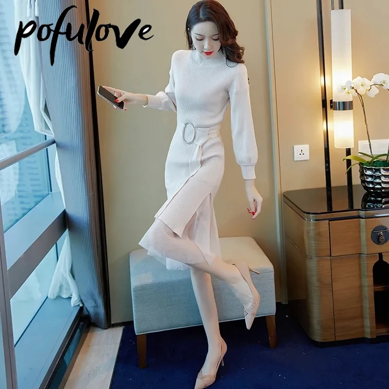 

Платье женское трикотажное средней длины с высоким воротником и юбкой-свитером