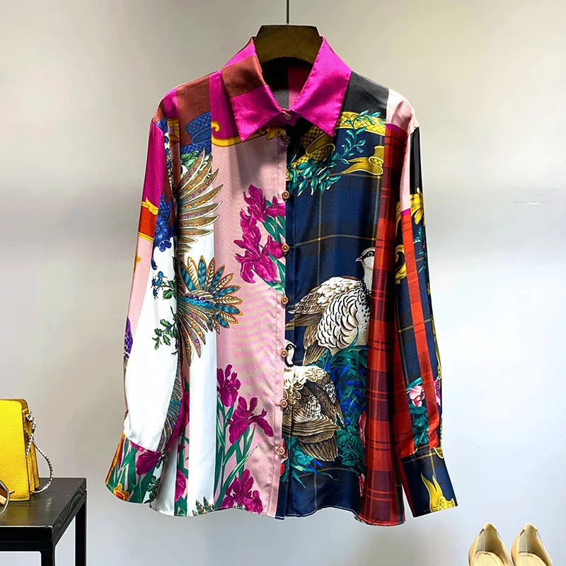 

New 100 silk spring 2020 women s top shirt long sleeve mulberry silk contrast printing Satin shirt