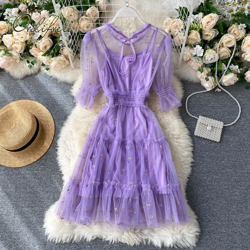 

2021 Summer Vintage Women Floral Mini Dress Short Sleeve Sexy Mesh Short Tulle Dress 2 Pieces