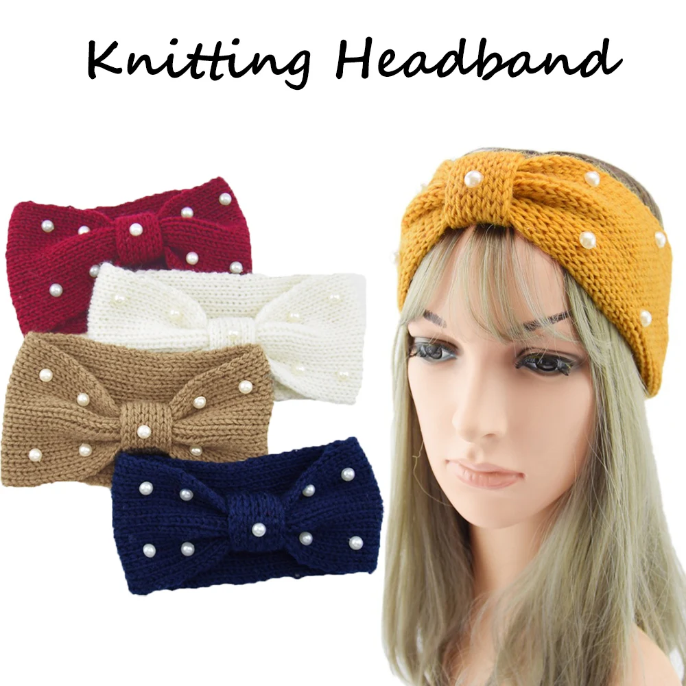 Зимняя теплая вязаная повязка на голову с ушками тюрбан Женский вязаный бант