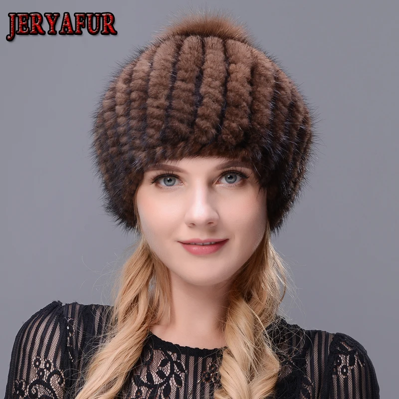 

Shellfish Hat Hot Sale Women Winter Cap Ears Warm Mink Knitted Hat Fur Hat With Little Fox Fur Pompom On Top Beret