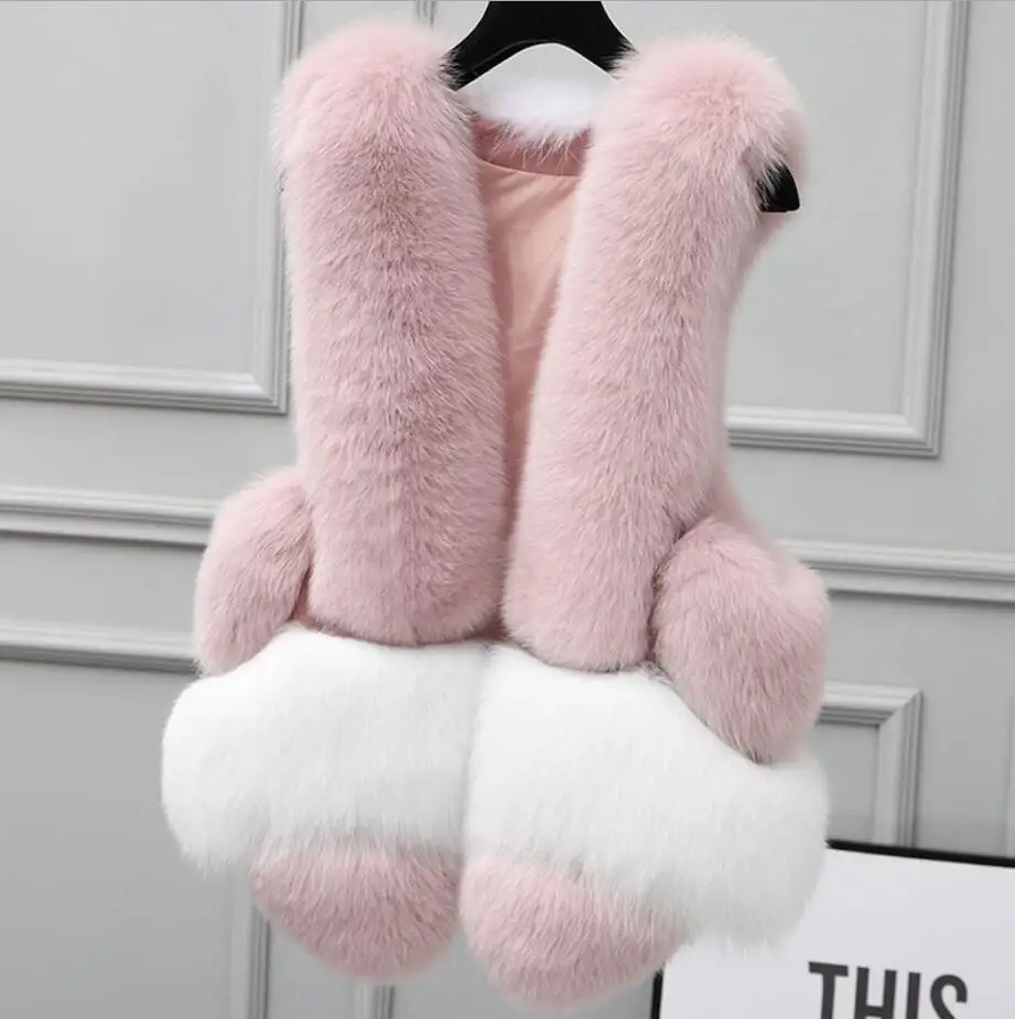 

2019 autumn winter women faux fox fur vest coat Female Sleeveless hit color stitching Vest Waistcoat coat plus size S-3XL r1645