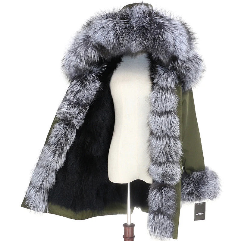 green black silver OFTBUY, водонепроницаемое пальто с натуральным мехом, длинная парка, зимняя куртка для женщин, натуральный мех енота, воротник, капюшон, подкладка из лисьего меха, теплая уличная одежда - Цвет: green black silver