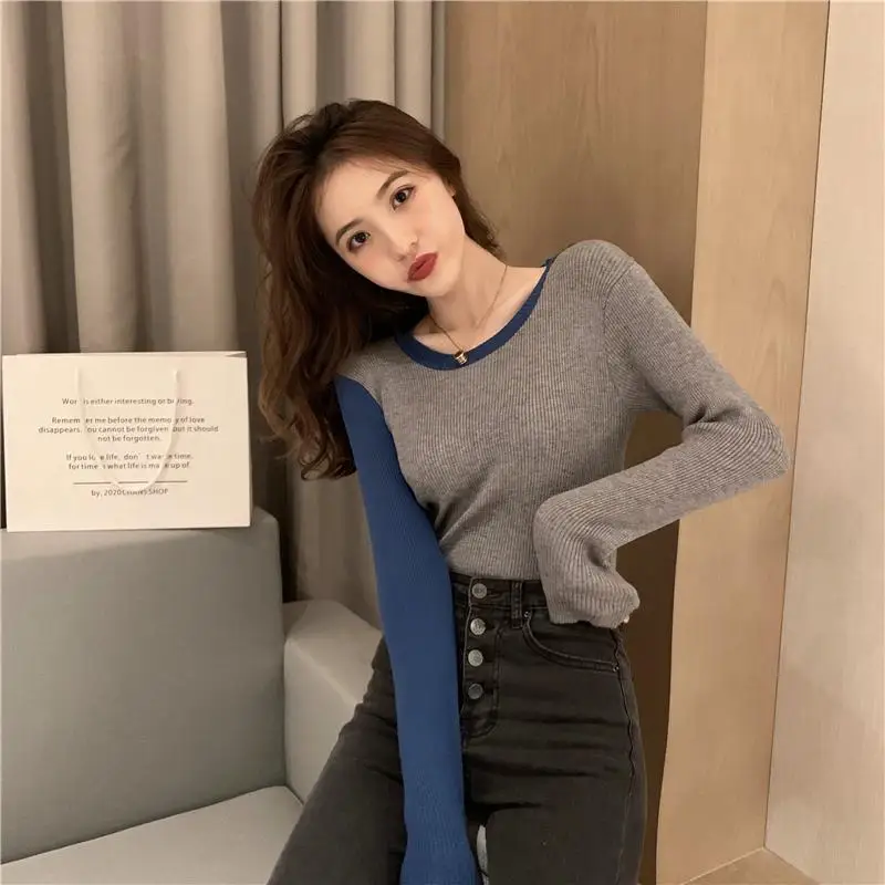 

ZITY 2020 Spring Autumn Women O -Neck Sweater Pullover Girls Patchwork Full Sleeve Sweaters Top For Female