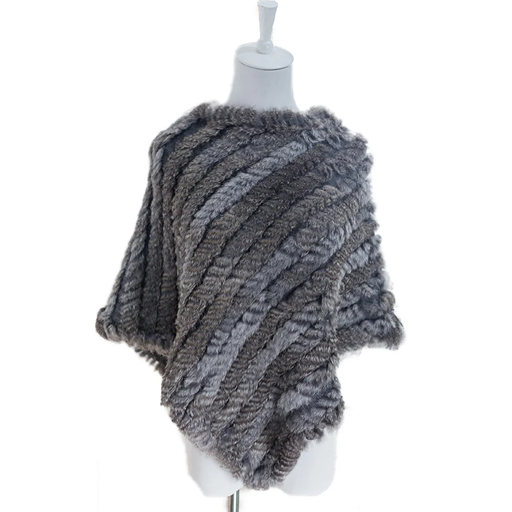 

Winter Fur Cape Women Real Rabbit Fur Shawl Wraps Warm Poncho Coat Hand-Woven Soft Brown Grey
