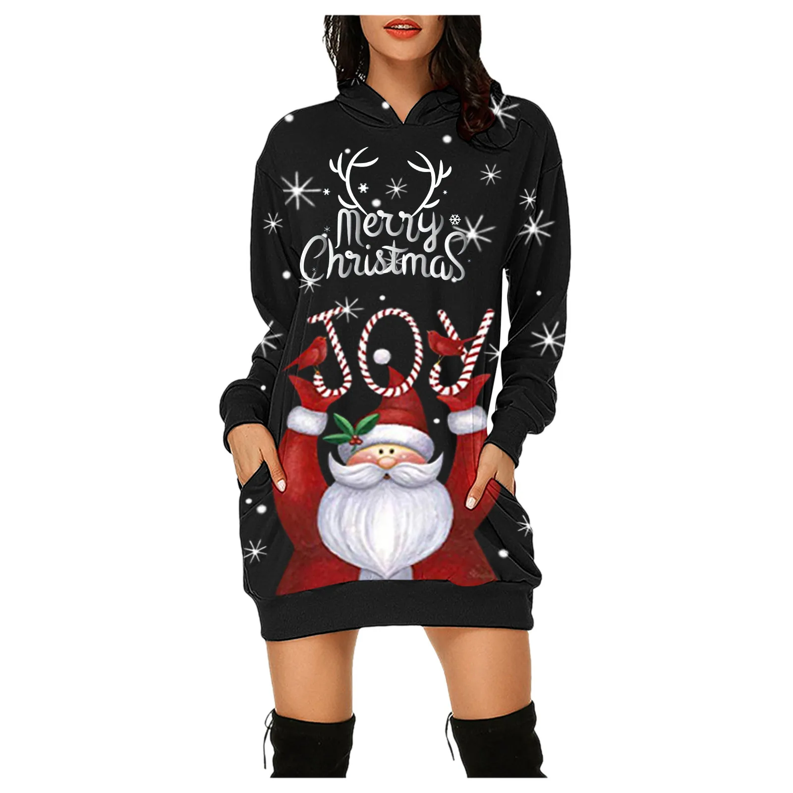 

Women Dress Merry Christmas Elk Prints Casual Bag Hip Plus Size Long Sleeves Hoodies Sweatshirts Dress With Pockets Vestidos