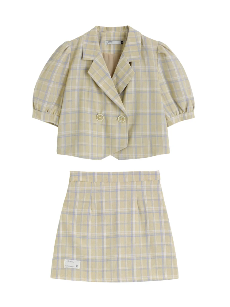 

CMAZ Simple Two-Piece Casual Plaid Women Dress Elegant Short Sleeve Button Skirt Office Lady Summer Suits 2021 6586#