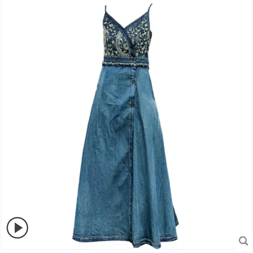 Платье из джинсовой ткани весеннее Новое винтажное платье с треугольным вырезом