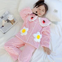 childrens pajamas set long sleeve winter girls homewear warm flannel thickened toddler sleepwear girls home clothes set