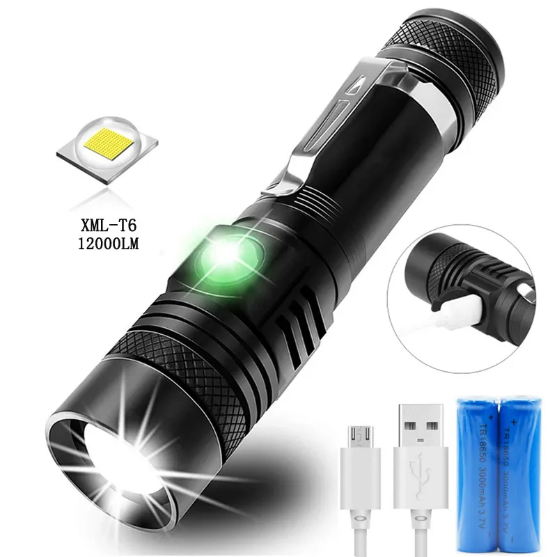 12000 лм супер яркий светодиодный фонарик USB Linterna фонарь T6 power Tips водонепроницаемый