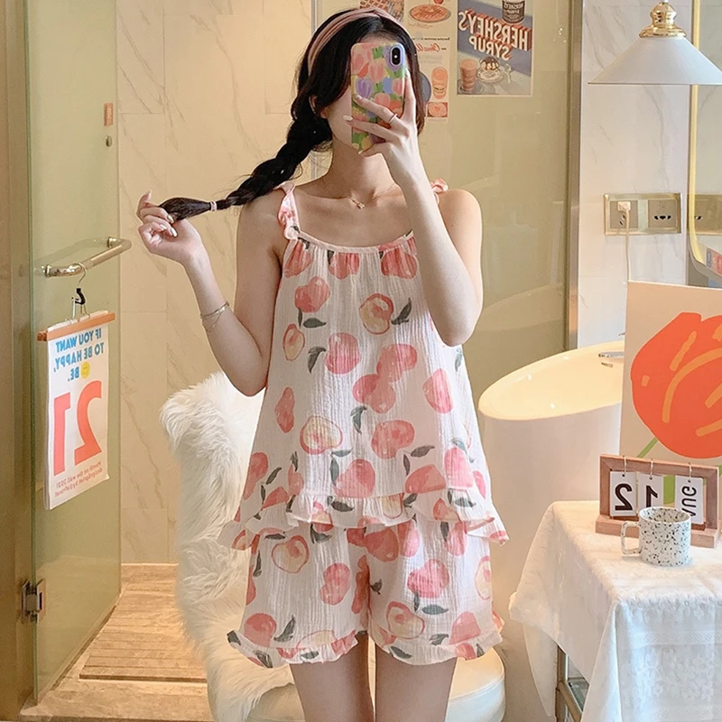 

Silka Surplus Pajamas Women Summer Peach Print Pijamas Shorts Cotton Sleepwear Sweet And Cute Thin Home Clothes Pyjama Set