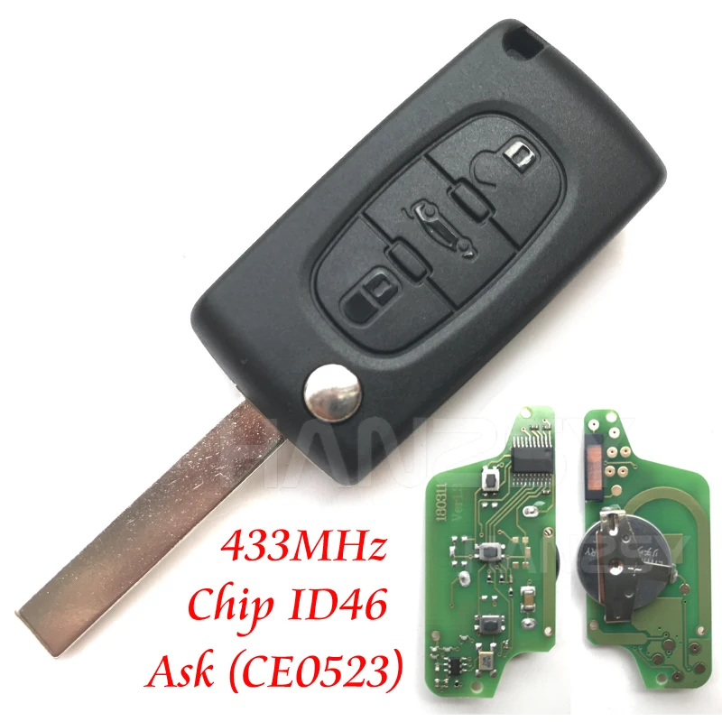 3 Button Remote Key for Peugeot 407 308 307 208 207 Partner Car Flip Folding key CE0523 433Mhz ID46 Chip VA2/HU83 Blade | Автомобили и