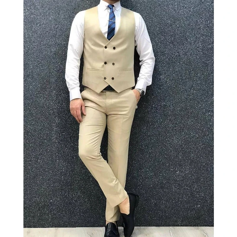 

Handsome Kahki Men Suits Fashion Double Breasted Waistcoat Male Wedding Slim Fit Tuxedo 3 Piece Dinner Jacket Pants Vest