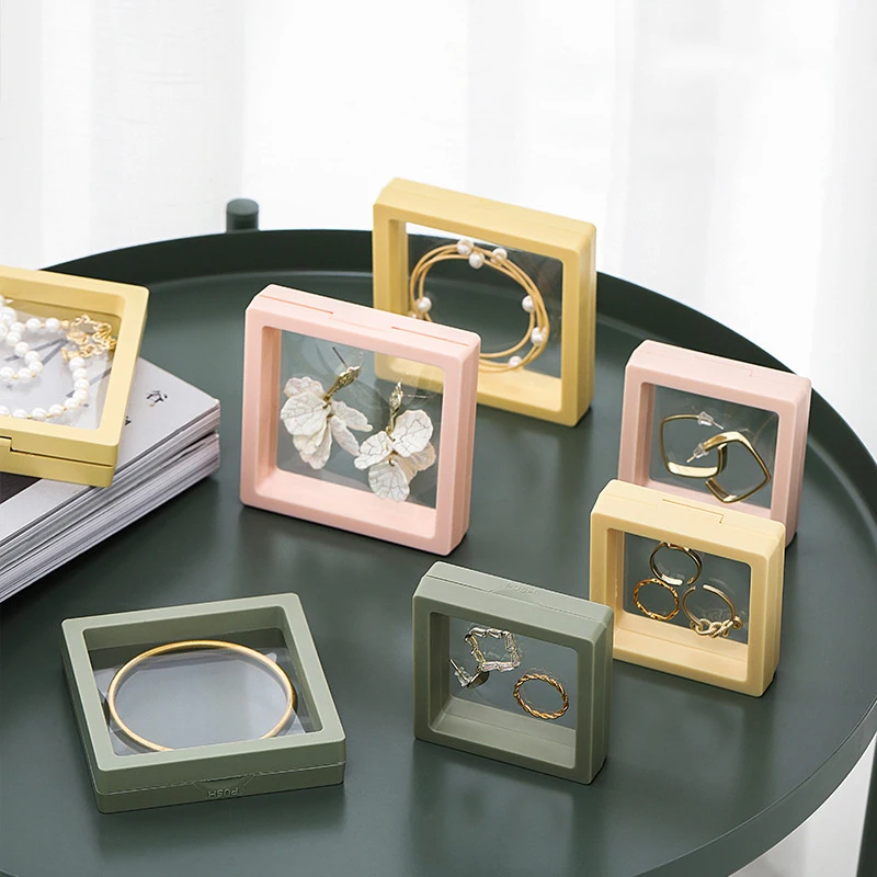 

5pcs 3D PE Floating Picture Frame With Base Shadow Box Jewelry Display Stand Ring Pendant Holder Protect Gem Presentation Case