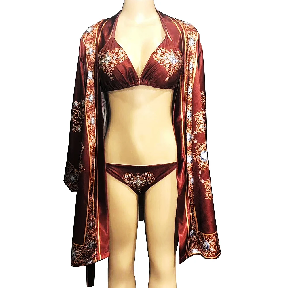 

Luxury Diamonds Print Red Women Bra Shorts Long Coat 3 Pieces Sets Nightclub DJ Singer Dance Performance Costumes Stage Wear