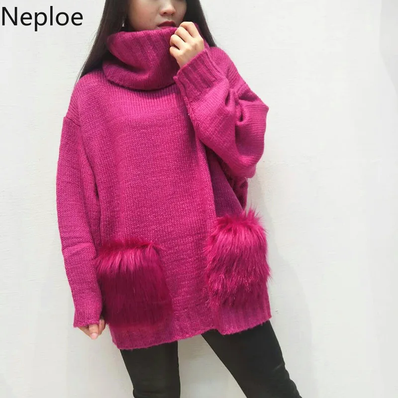 Neploe Pull Femme осень-зима свите с длинными рукавами Женский водолазка Толстый Пуловер Джемперы меховая нашивка карман трикотажные топы 54799