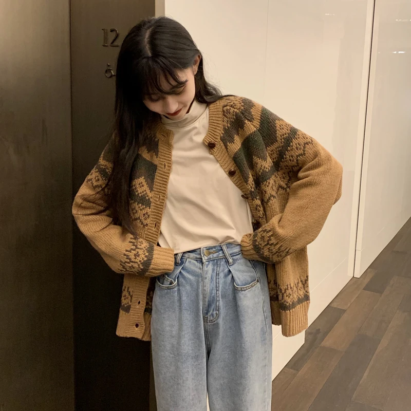 

Make quality vintage Japanese diamond jacquard sweater female relaxed joker knitting cardigan coat