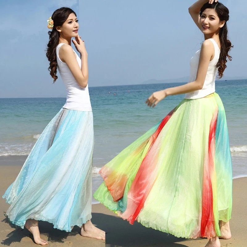 

TingYiLi Colorful Rainbow Boho Skirt Elegant Red Green Blue Long Skirt Summer Beach Big Swing Women Skirt