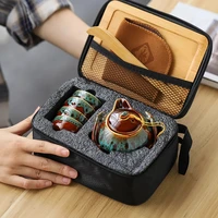 portable tea set bag ceramic kung fu tea set with bamboo tray four cups in a pot travel japanese household tea set teetasse
