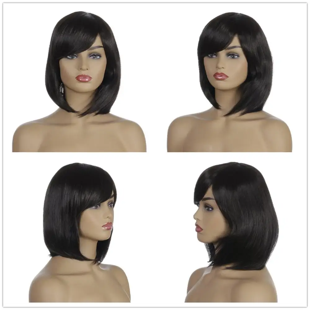 

Bob Wigs Synthetic Wigs With Bangs For Women African American Hair Heat Resistant bobo Wig Natural Black Straight Wig With Bangs