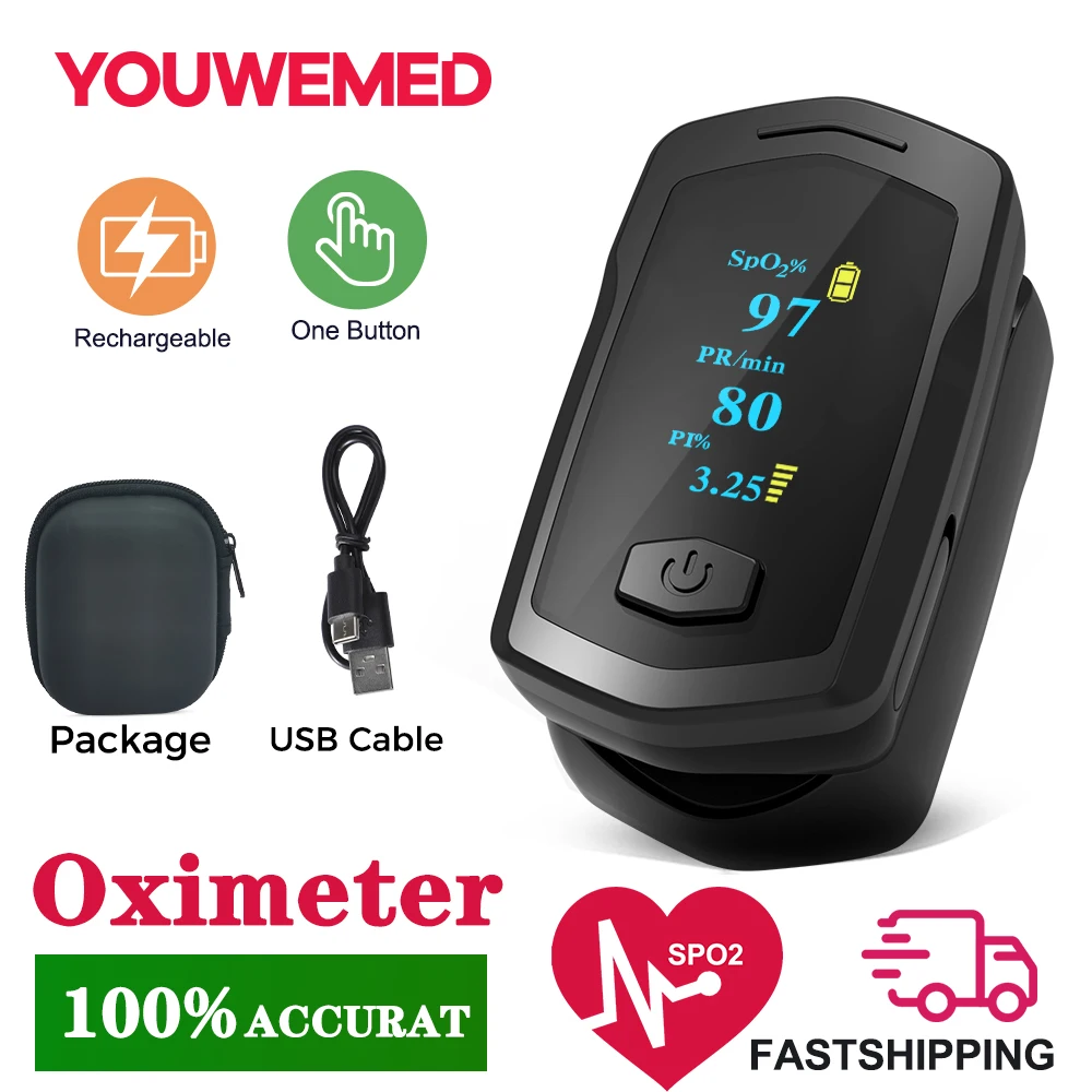 

YOUWEMED Medical Portable Finger Pulse Oximeter Blood Oxygen Saturation Meter Heart Rate OLED USB Rechargeable Oximetro De Dedo