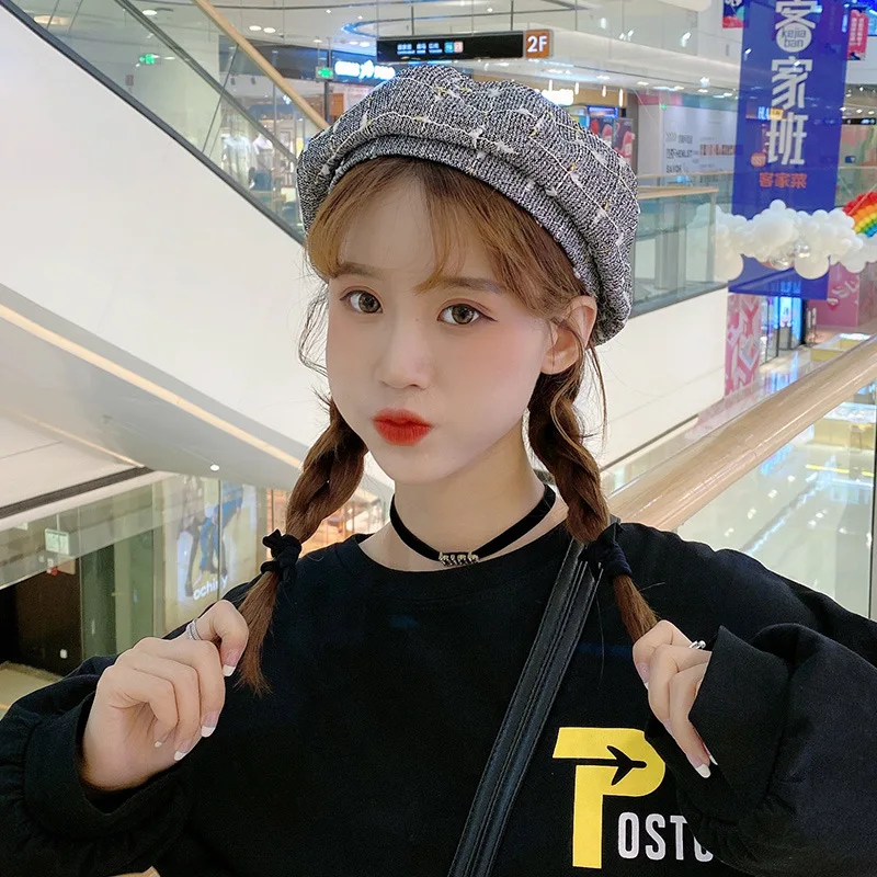 Осенняя и зимняя шапка женский Британский ретро дикий берет японская решетка