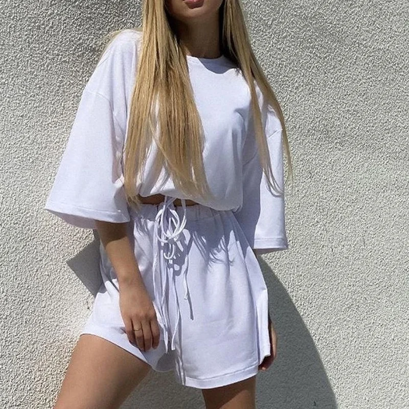 

Autumn Summer women sweatsuits sets 2021 New Hot Women's Two-Piece Suit Solid Color Home Loose Fashion Casual Suit shorts set