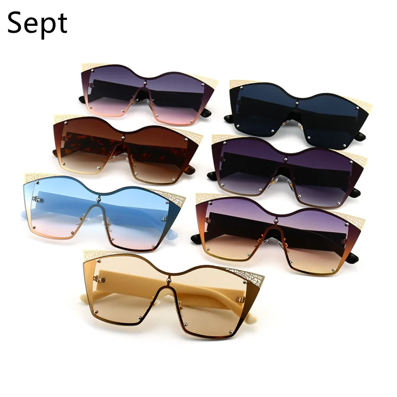 

Women Unique Design Eyewear Gradient Streetwear Vintage Hollow Out Cat Eye Sunglasses Women Big Frame Sun Glasses Metal UV400