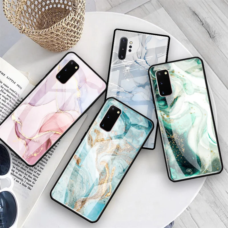 Glass Case For Samsung Galaxy S20 FE S10 S9 S8 Plus Note 20 Ultra 10 Lite 9 8 Shell Phone Cover Capa Marble Art Fashion Coque