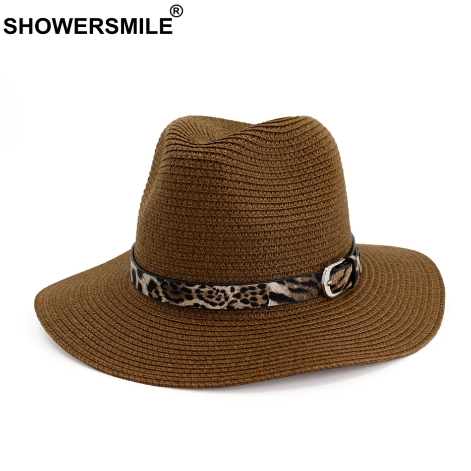 Женская соломенная шляпа SHOWERSMILE летняя с леопардовым поясом модная бежевая для