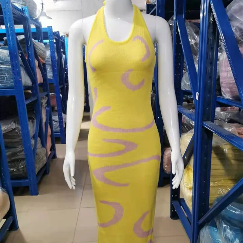 

WJFZQM Halter Neck Summer Yellow Sleeveless Bandage Midi Dress Backless Party Sexy Dress Beach Knitted Bodycon Dress Women 2021