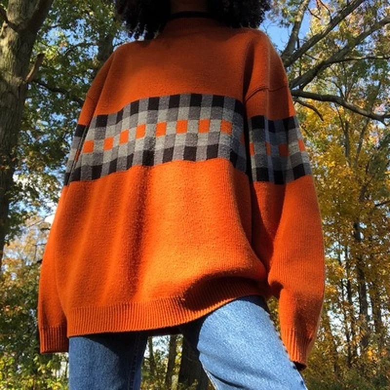 

WeiYao Plaid Print Patchwork Retro Loose Sweaters Casual Streetwear Joggers Cute Jumpers Aesthetic Chic Knitwear 90s