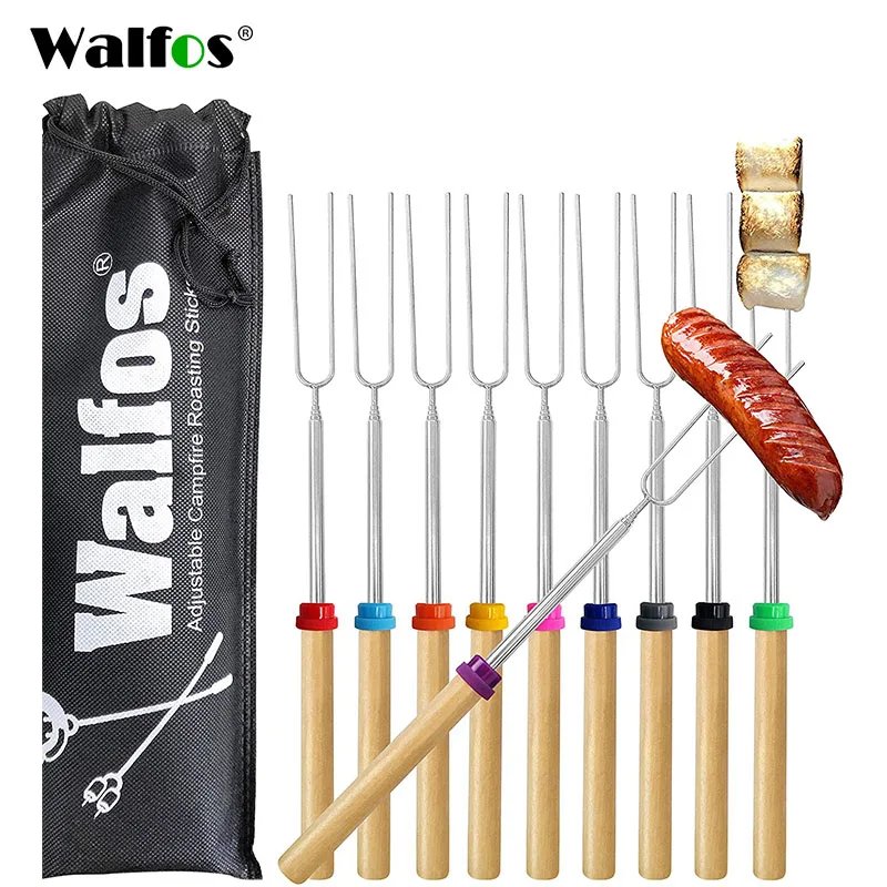 

WALFOS Camping Cookware Stainless Steel BBQ Marshmallow Roasting Sticks Extending Roaster Telescoping Forks for Kids