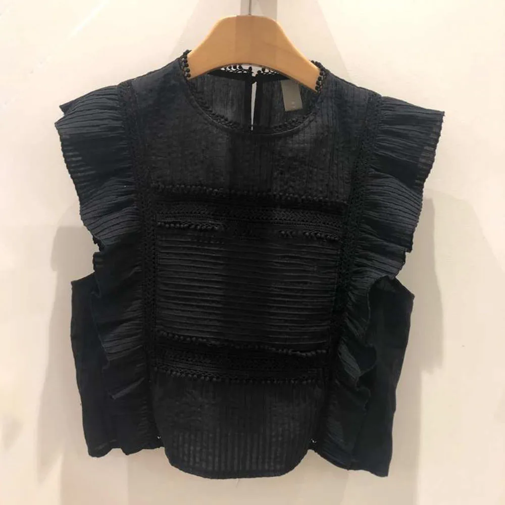 

Sleeveless Women Blouse Summer Ruffle Black White Shirts Casual Korean Plain Switching Round Neck Ladies Fashion Simple Tops