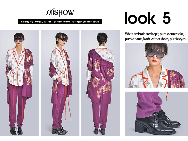 MISHOW Milan Fashion Week весна/лето Женский комплект из трех предметов с отложным воротником Топ с принтом фиолетовое пальто и брюки Look-5