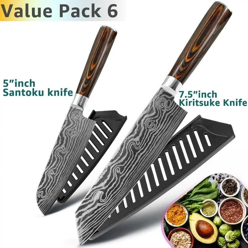 Value Pack 6 Набор кухонных ножей поварские ножи 7CR17 440C из высокоуглеродистой нержавеющей стали дамасский нож для нарезки мяса сантоку набор из 5 предметов - Цвет: Value Pack 6
