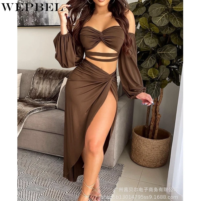 

WEPBEL Women's Sexy Solid Slim Fit Two-Piece Suit Autumn High Waist Slit Irregular Skirt + Lantern Sleeve Strapless Top Suit