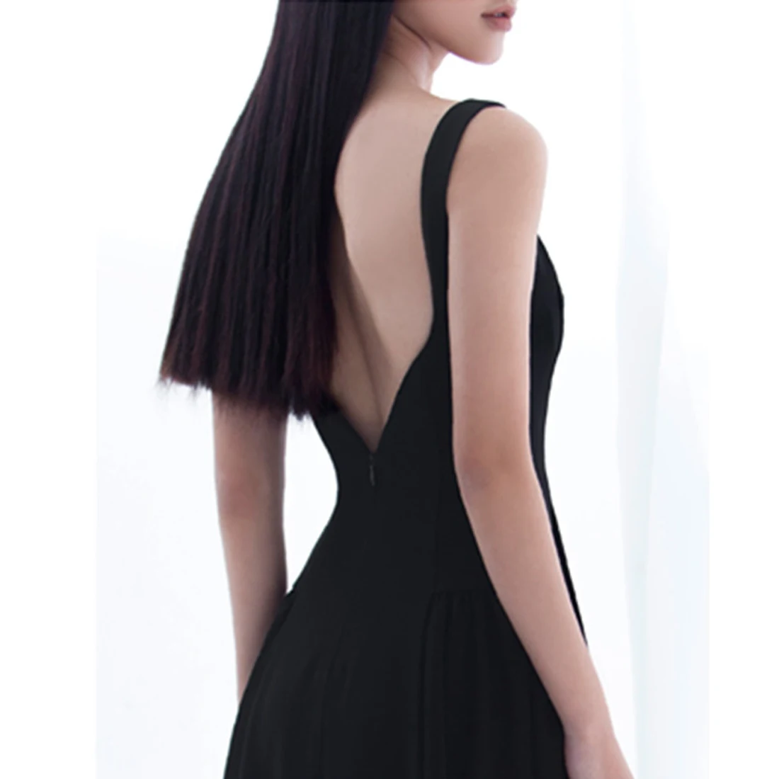 

Simple A-Line Square Solid Black Women Party Dress Office Sleeveless Mid-Length Sheath Sexy Black Chiffon Dress with Backless