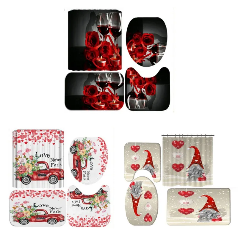 

Valentine's Day Polyester Fabric Shower Curtains Waterproof Red Rose Flower Bathroom Decor Home Bathtub Curtain and Flannel Mat