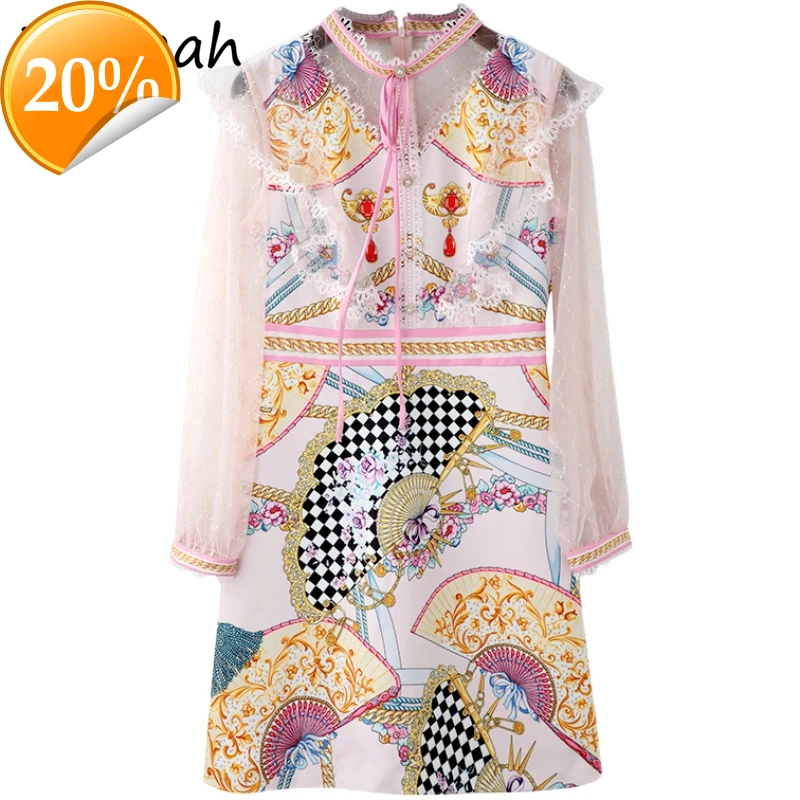 

Women Spring Fashion Runway Party A-Line Dress Long sleeve Top Shoes Printed High waist Ladies Midi Vestidos