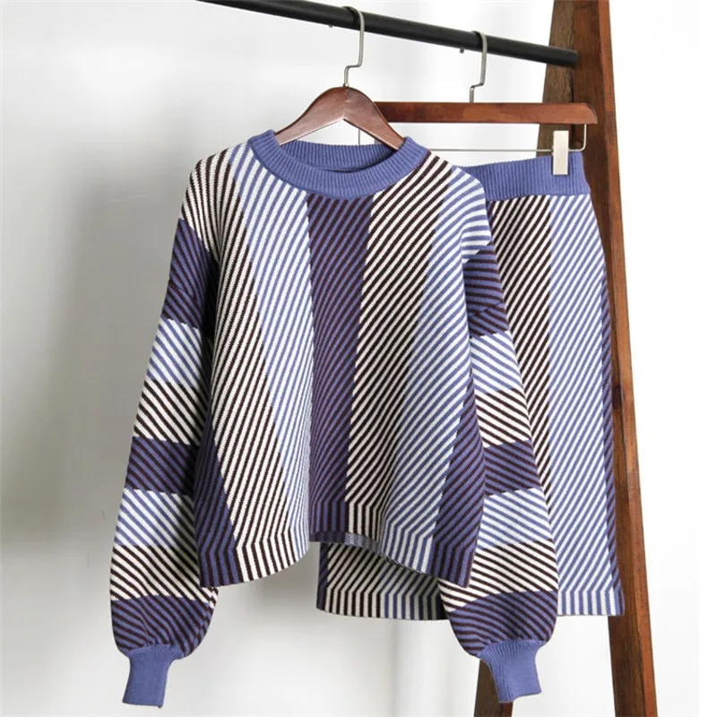 

Women Sweaters Sets 2019 New Autumn Winter Fashion Two Piece Sets Bodycon Skirt Suits Striped 2 Piece Sets Knitted Pink Outfits