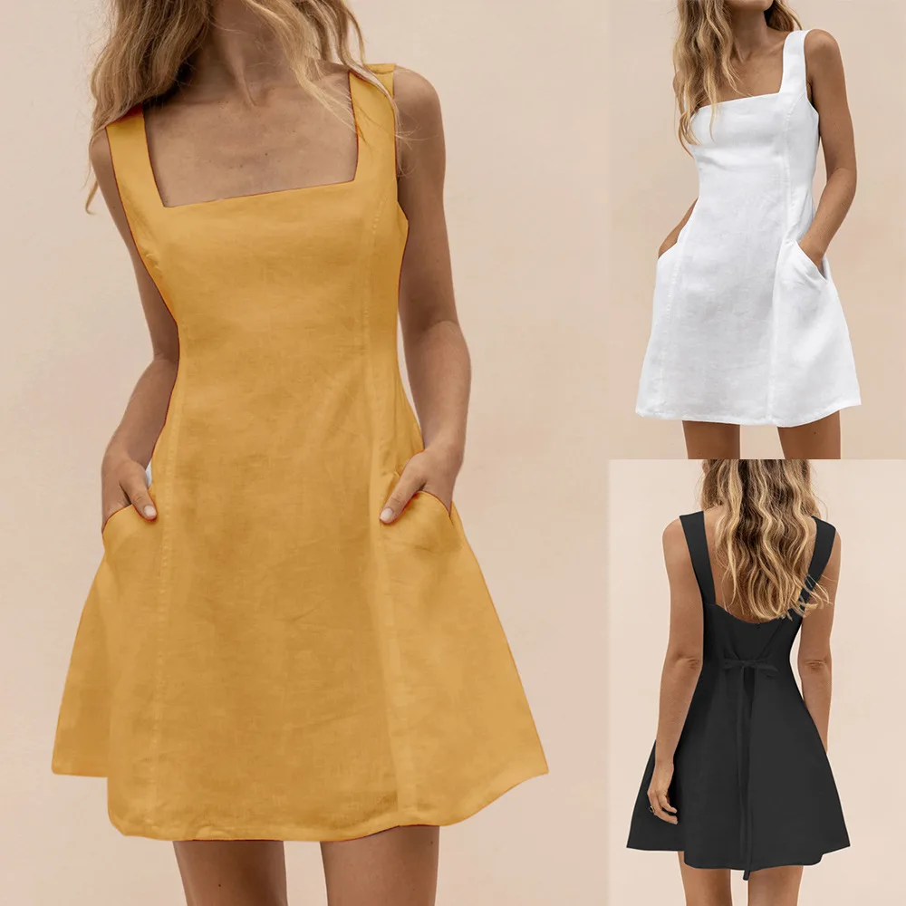 

Women Summer Dress Sleeveless A-Line Solid Above Knee, Mini Square Collar Sweet Casual Girls Dress