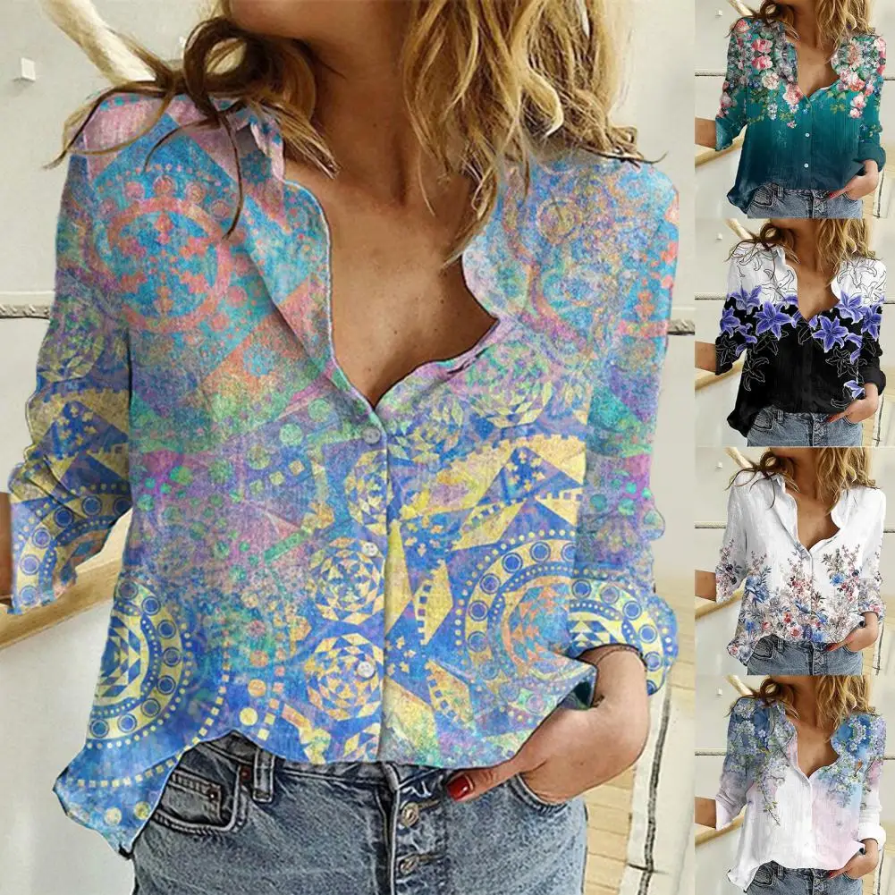 

Женская стильная рубашка с отложным воротником и цифровым принтом, женская рубашка с красочным принтом для повседневной носки