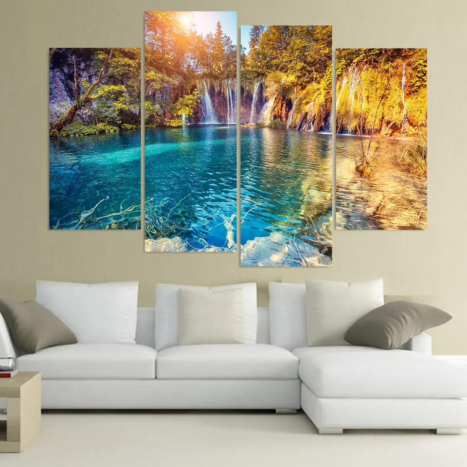 

HD Print Canvas Wall Art Modular No Frame Painting Popular Poster 4 Panel Autumn Clear Pool Nature Picture For Living Room Decor