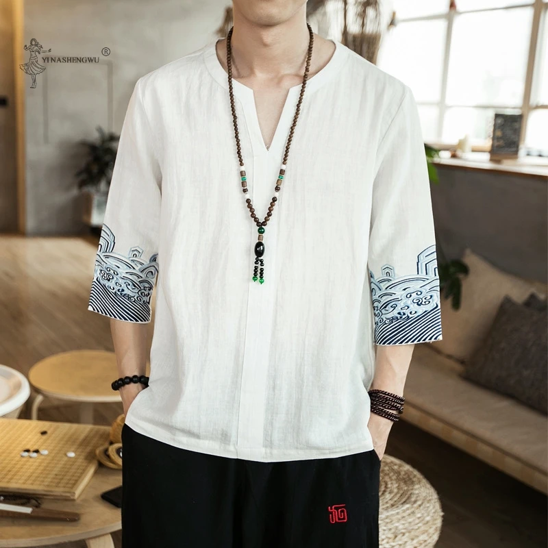 Kimono Japanese Men Short Half-Sleeve Shirt T-shirt  Embroidered Japan Harajuku Trouser Asian Male Yukata Haori Cardigan Costume