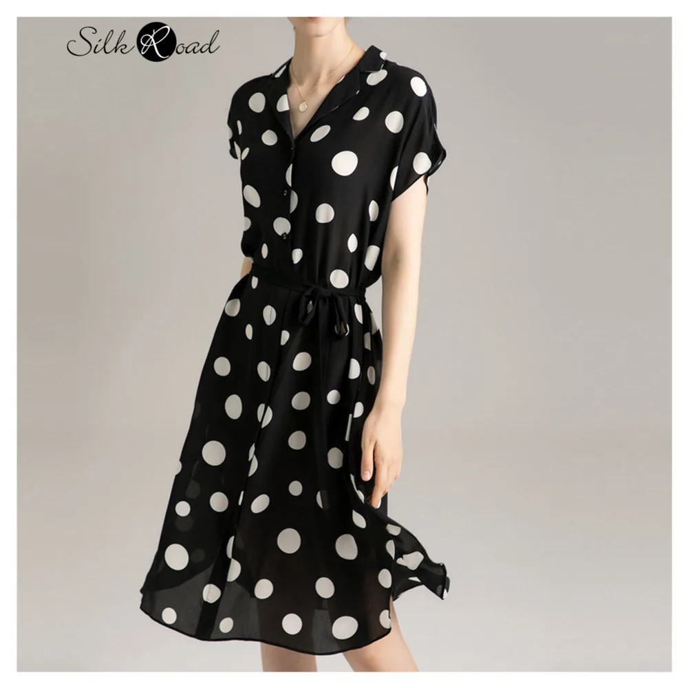 

Шелковое платье Silviye, в черный и белый горошек, с цветочным рисунком, шелк тутового шелкопряда, с поясом, Тонкий темперамент, v-образный вырез, с коротким рукавом, трапециевидная