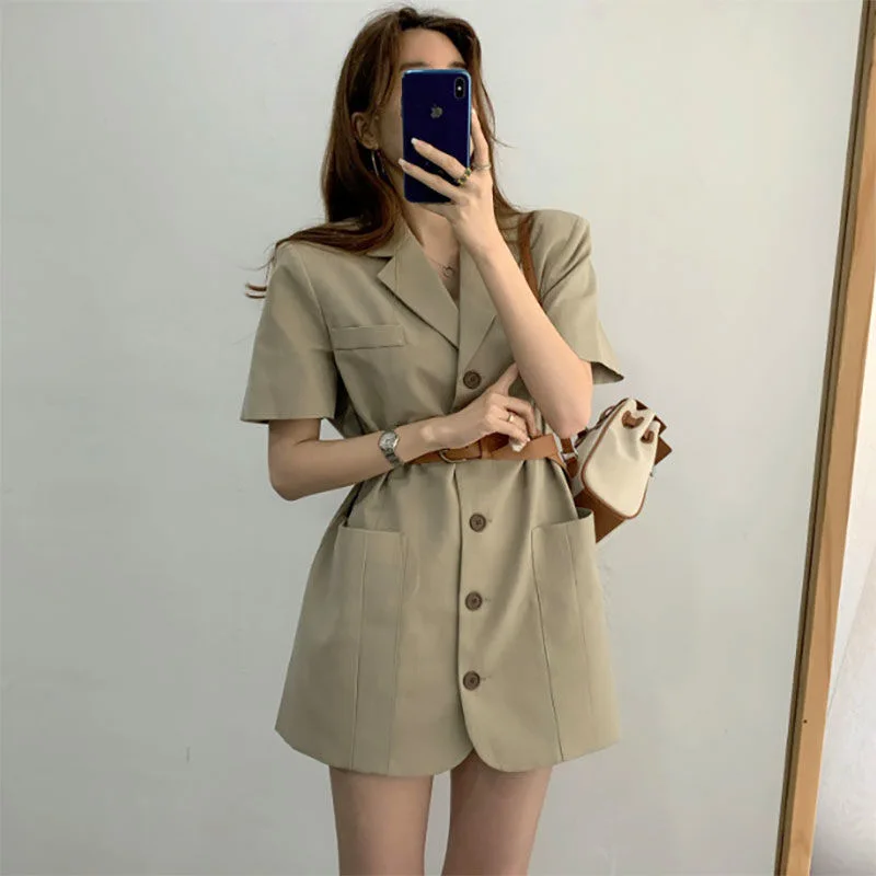 

GOOHOJIO 2020 New Casual Short Sleeve Suit Dress Women Single Breasted Solid Color Women Dress Autumn Temperament Dress Ladies