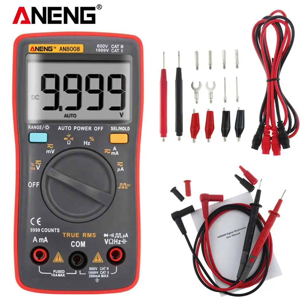 

Мультиметр ANENG AN8008, 9999 отсчетов, подсветка, амперметр переменного/постоянного тока, тестер транзисторов, тестер емкости, автомобильные элек...