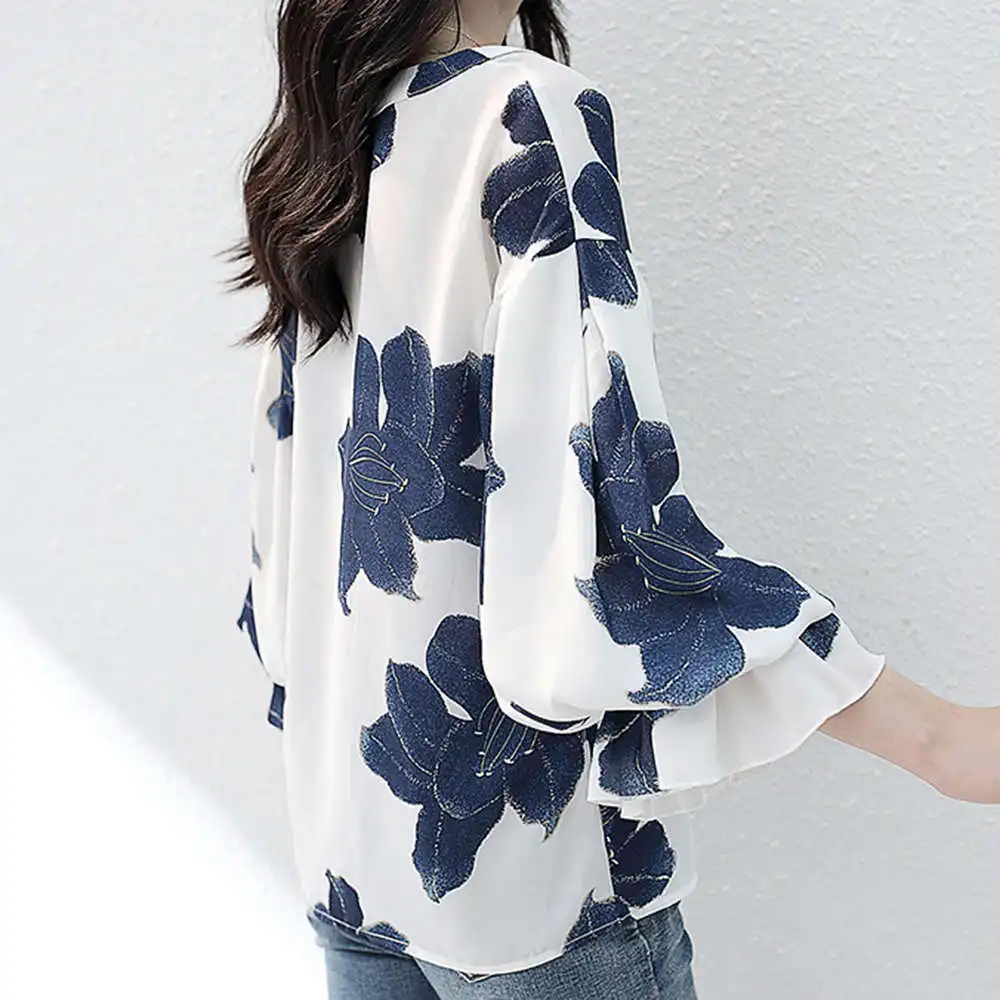 

OL Blouse V Neck Floral Print Blouse Office Ladies Fashion Simple Shirt V-neck Loose Lantern Sleeve Printed Chiffon Blouses Chic