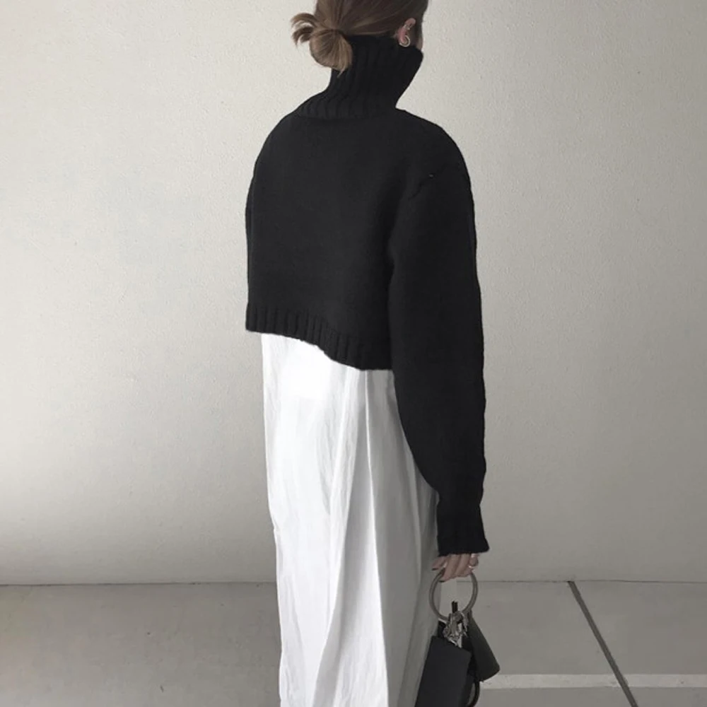 

Spring Two Piece Sets Short High Neck Knitted Sweater Tops And Solid White Long Dress Korean Elegant Women Sets Causal Suits